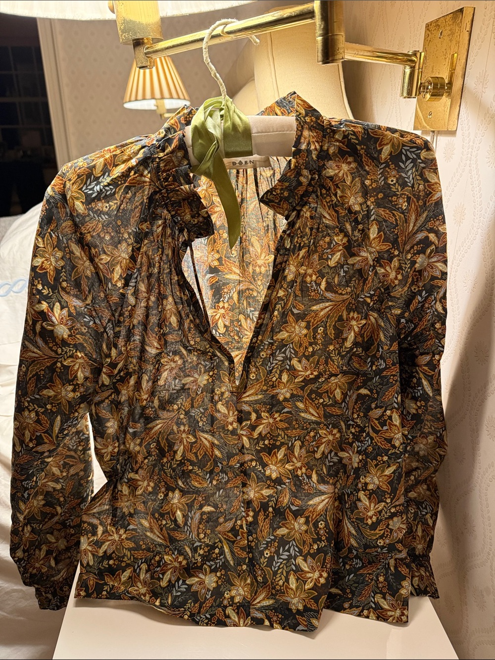 Doen Autumn Floral Tie-Neck Blouse in Black, Gold and Olive